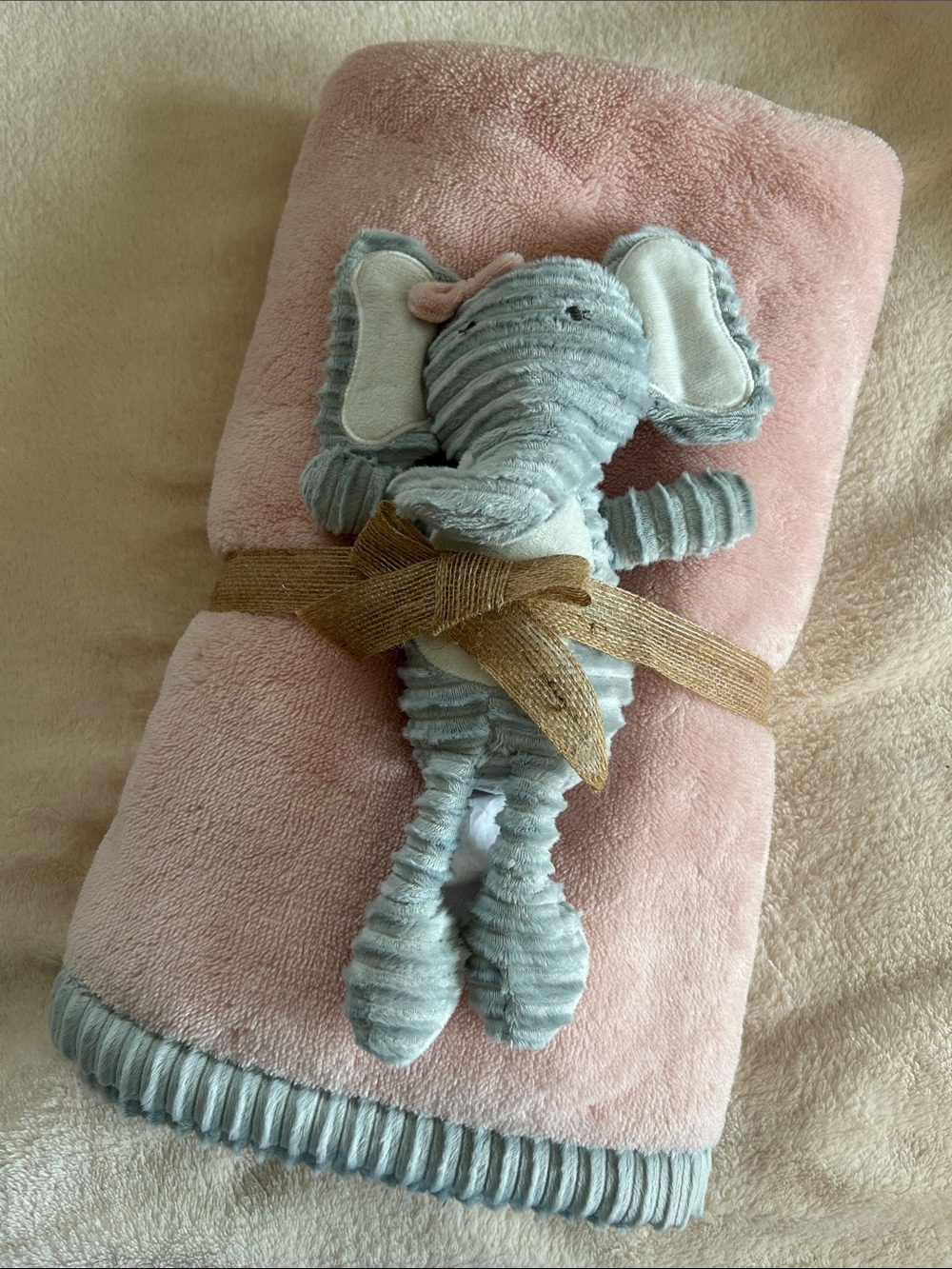 Chick Pea Pink Blanket with Gray Ribbed Elephant Lovey